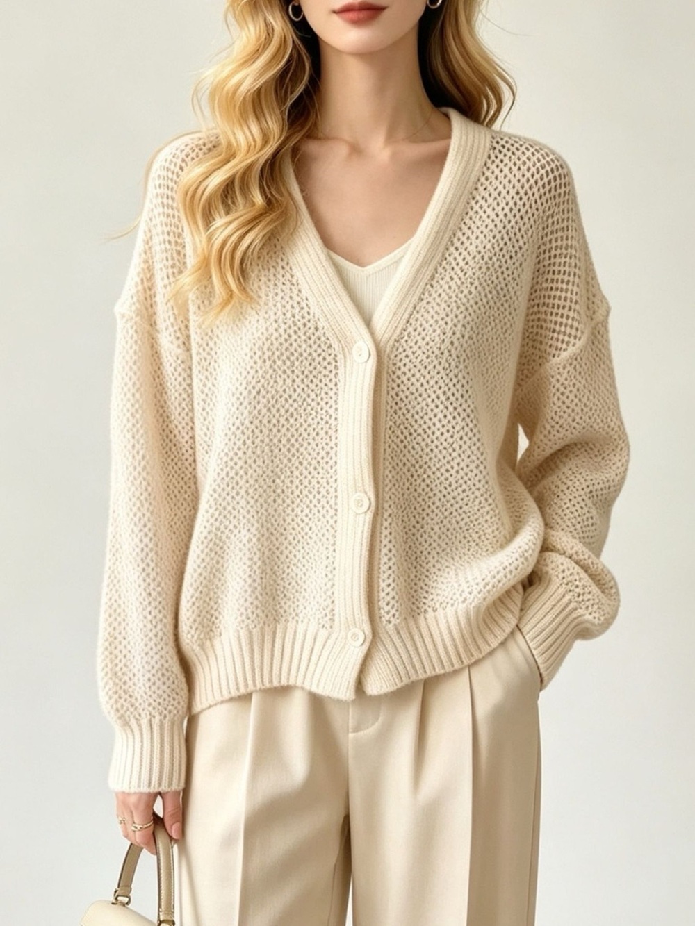 V-Neck Open-Knit Button-Down Cardigan